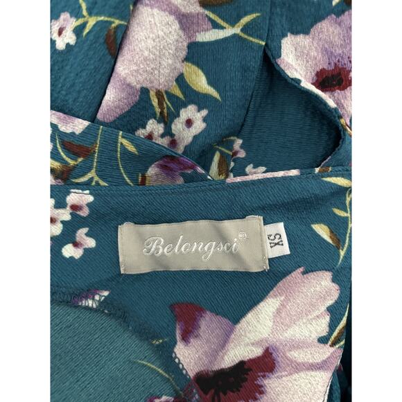 BelongSci Teal Floral Jumpsuit | XS | Wide Leg Sleeveless Romper with Belt - Picture 6 of 8